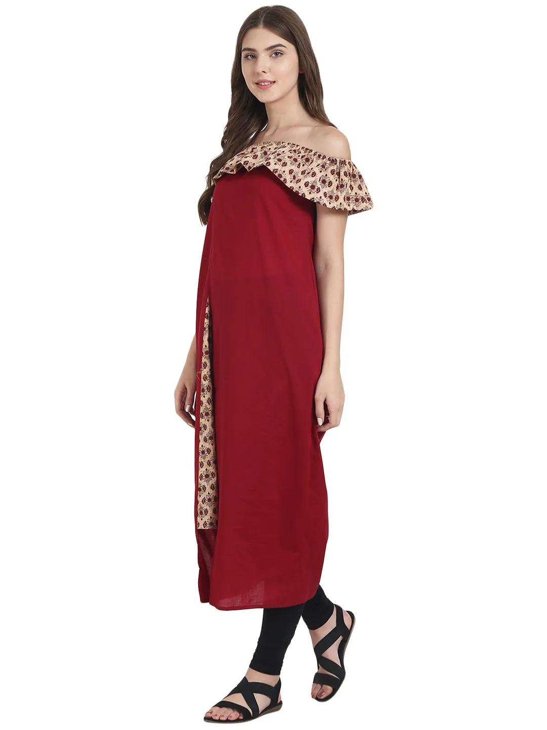 Maroon Off Shoulder Cotton Maxi Dress