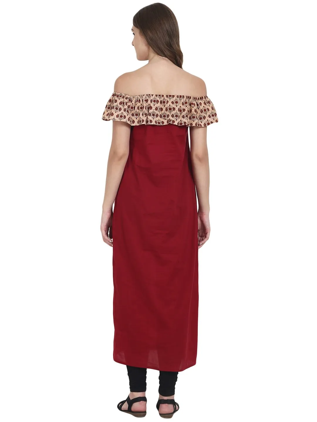 Maroon Off Shoulder Cotton Maxi Dress