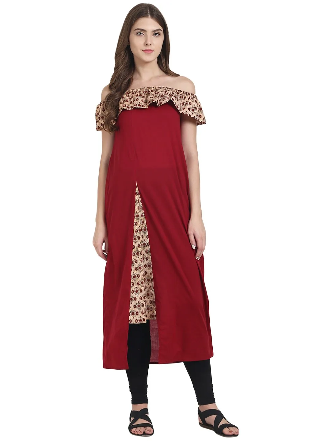 Maroon Off Shoulder Cotton Maxi Dress