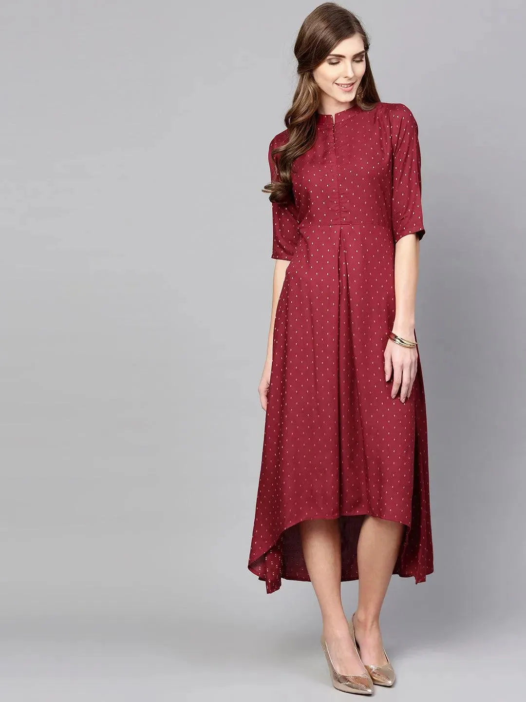 Maroon Printed Rayon Dress