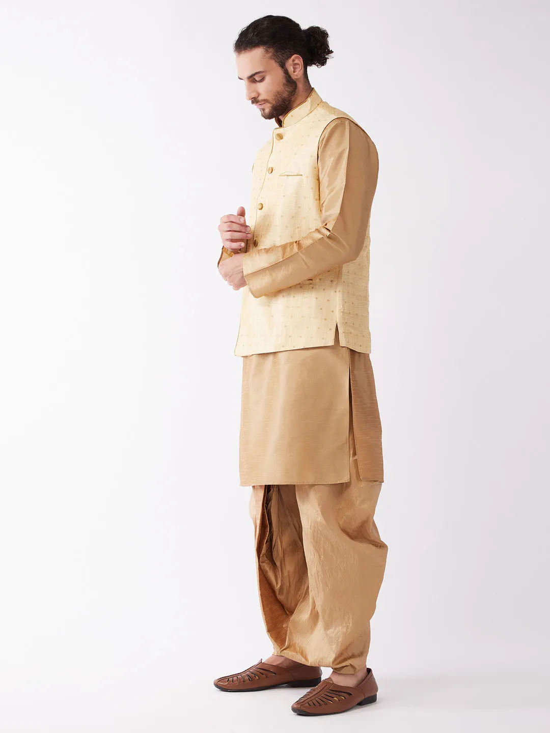 Men's Rose Gold Silk Blend Jacket, Kurta And Dhoti Set - Vastramay