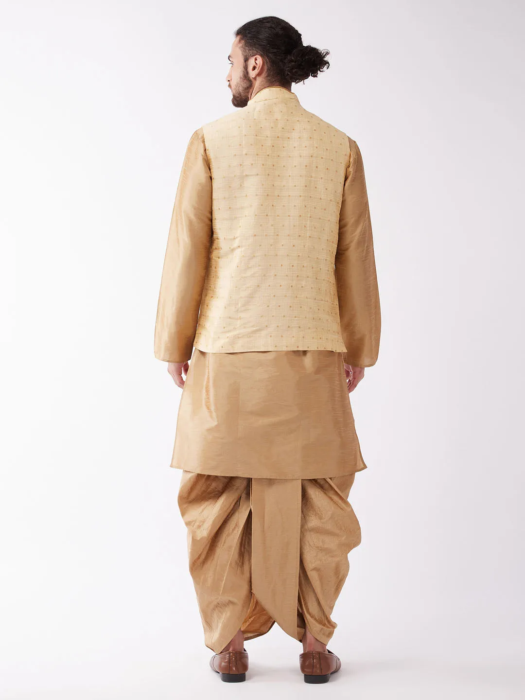 Men's Rose Gold Silk Blend Jacket, Kurta And Dhoti Set - Vastramay