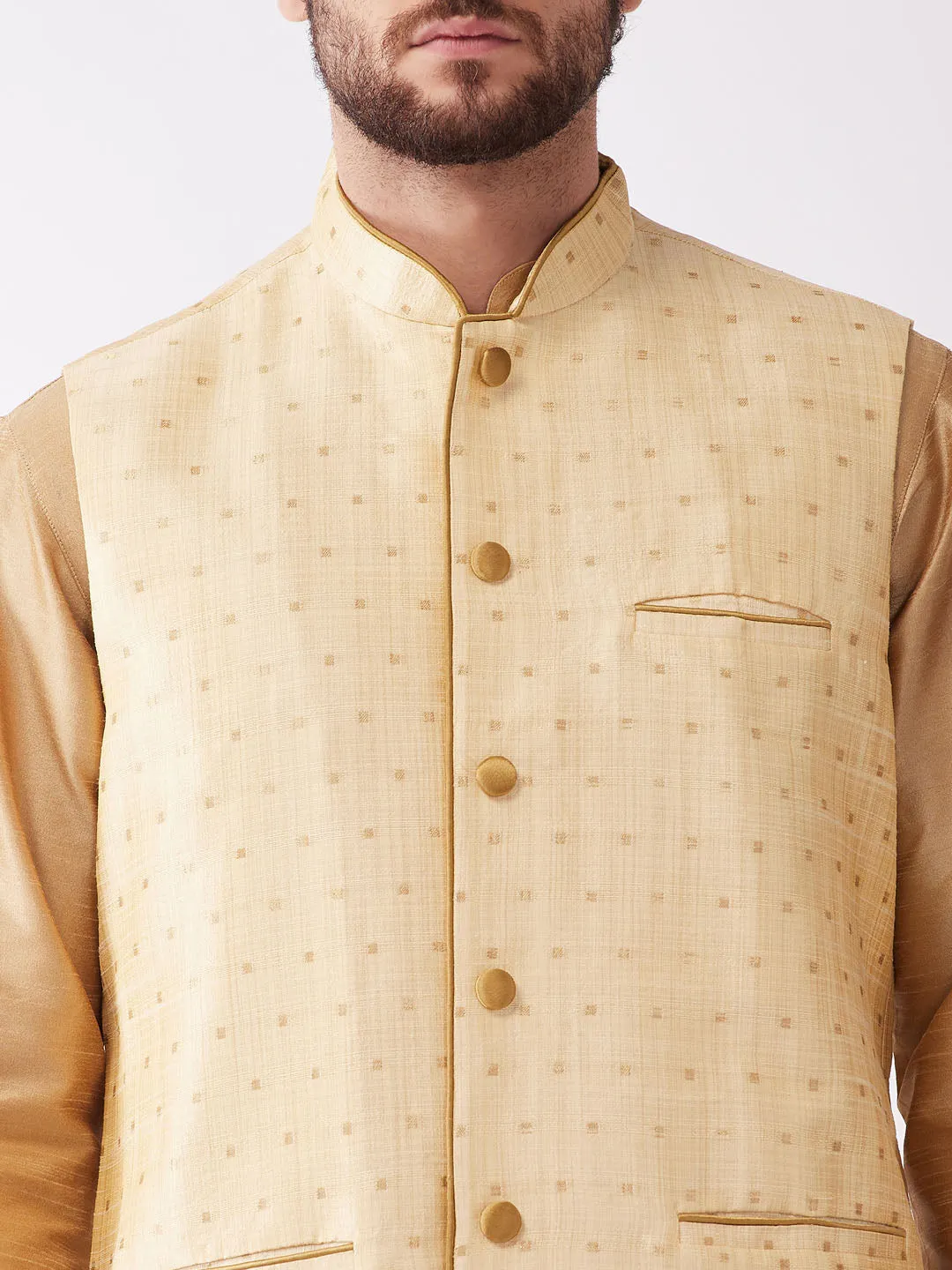 Men's Rose Gold Silk Blend Jacket, Kurta And Dhoti Set - Vastramay