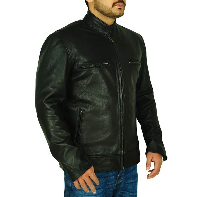 Mens Versatile Black Biker Leather Jacket