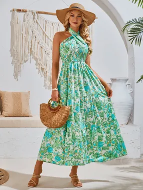 Moonlight Symphony Floral Halter Maxi Dress