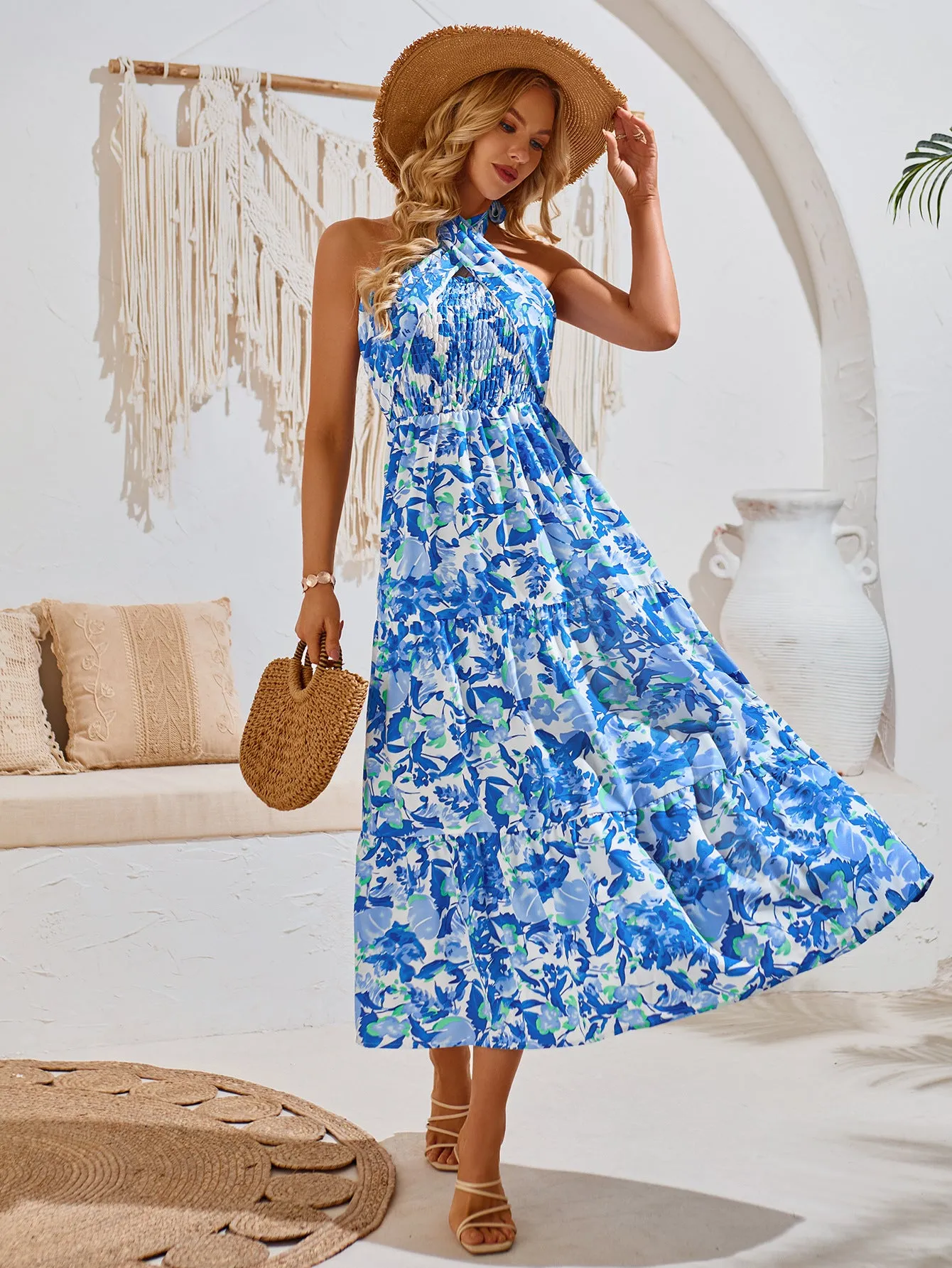 Moonlight Symphony Floral Halter Maxi Dress