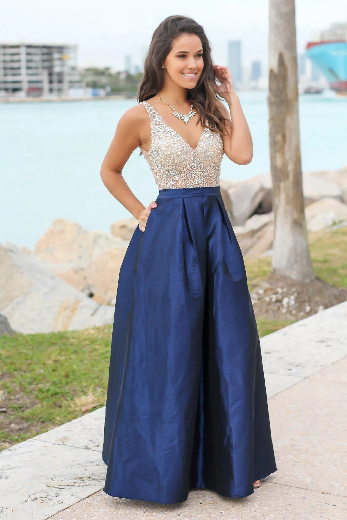 Navy Jeweled Maxi Dress