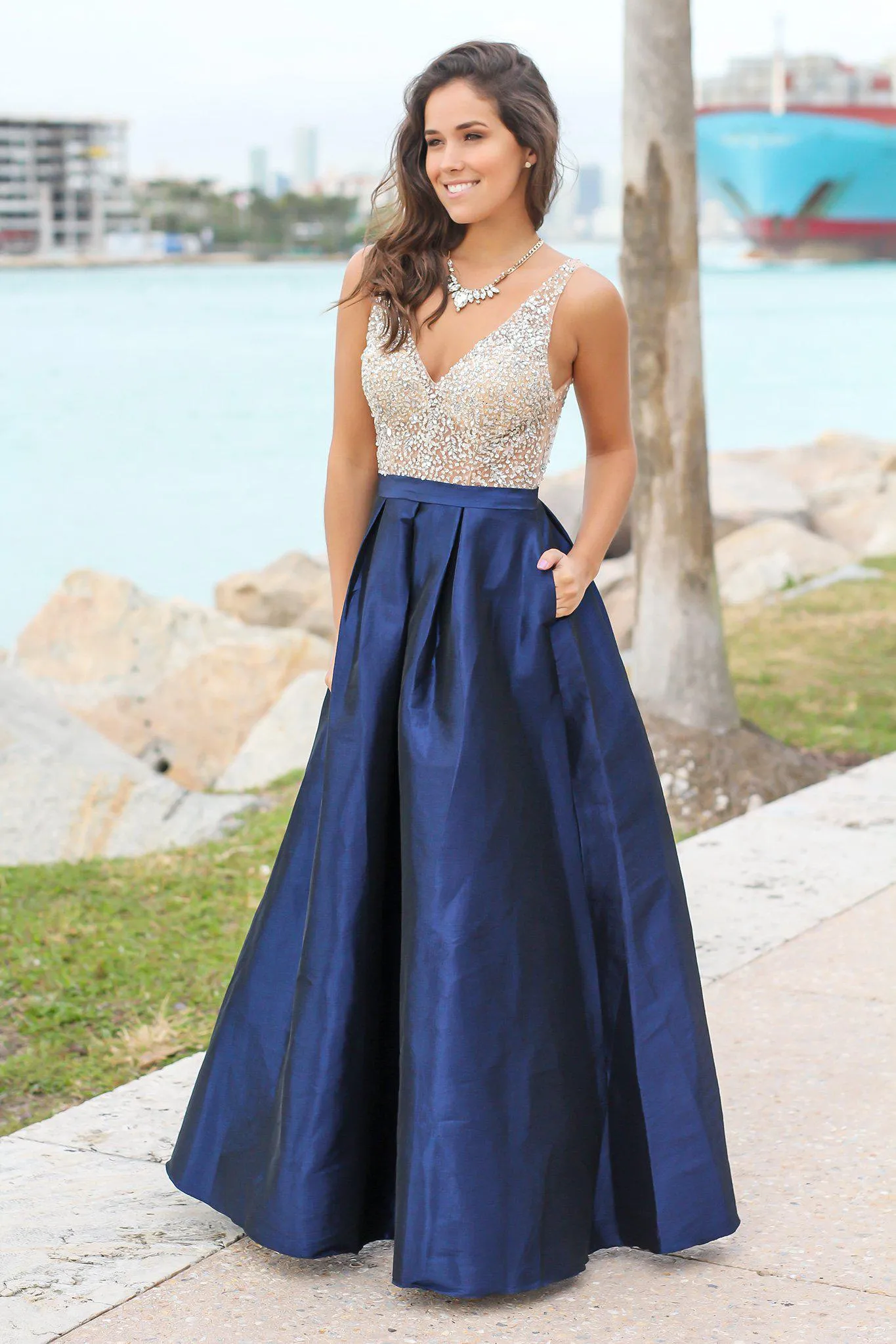 Navy Jeweled Maxi Dress