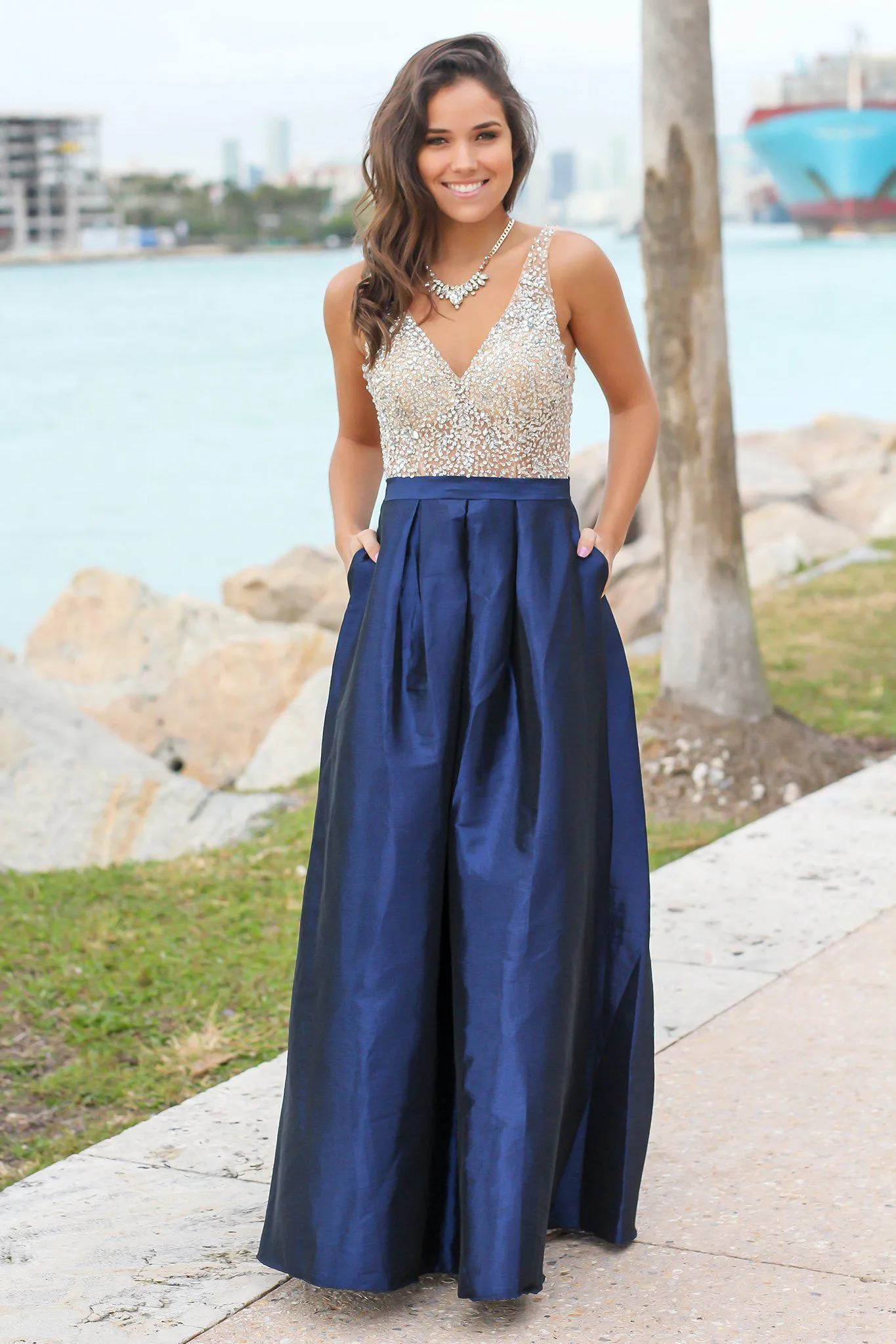 Navy Jeweled Maxi Dress