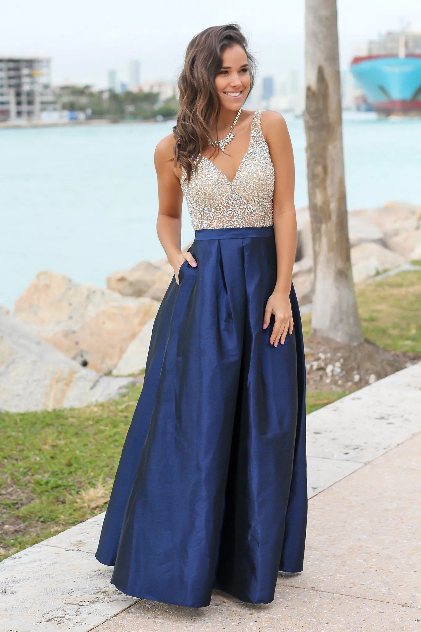 Navy Jeweled Maxi Dress