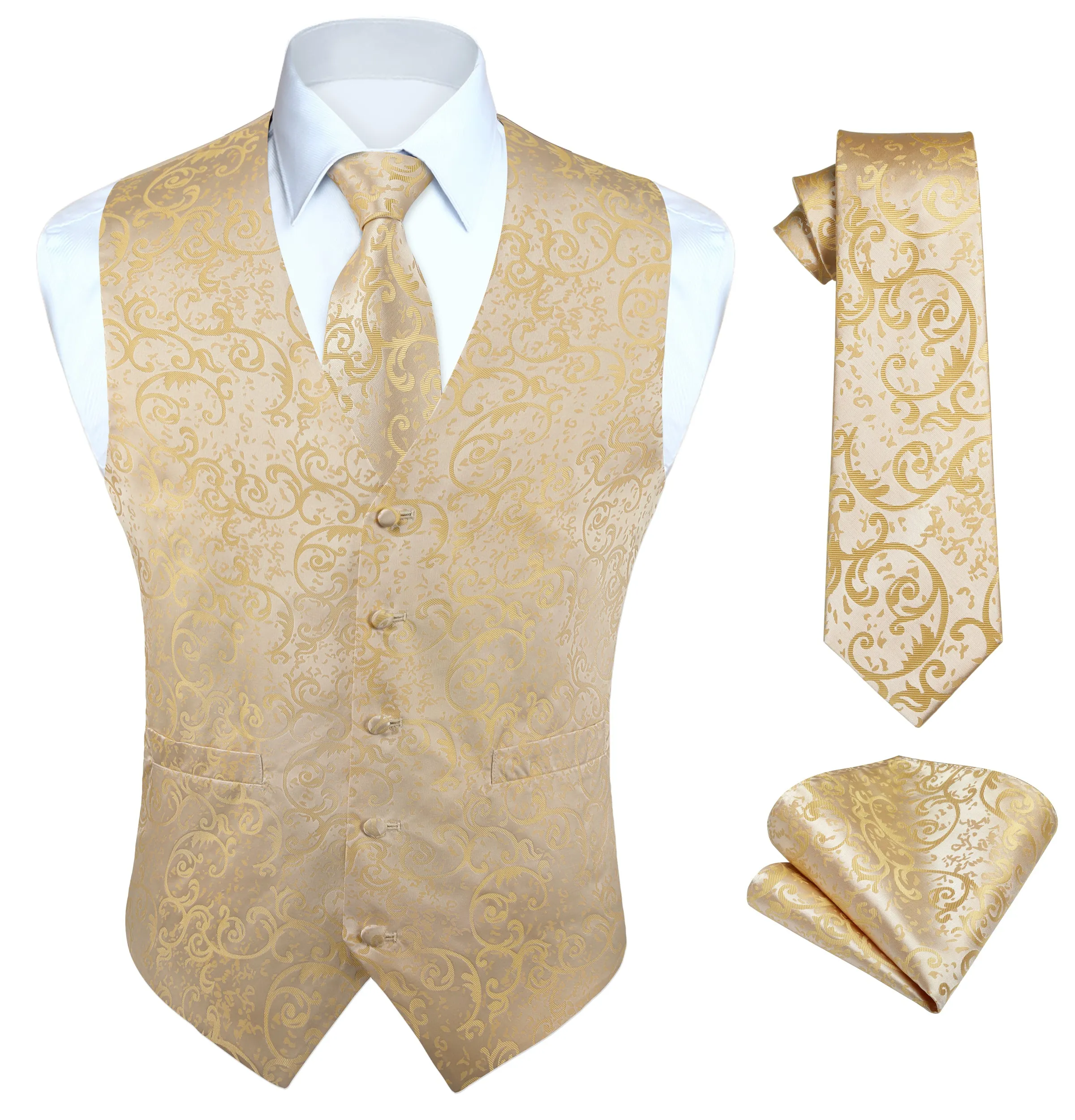 Paisley Floral 3pc Suit Vest Set - F-YELLOW GOLD FLORAL