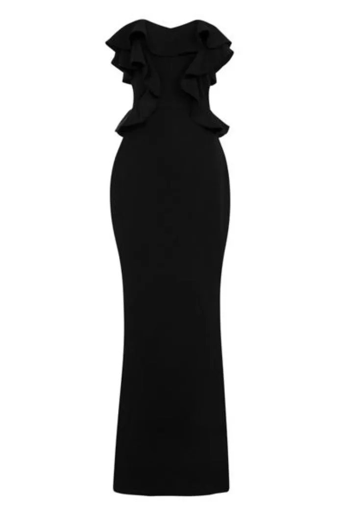 Paloma Black Strapless Frill Ruffle Bodycon Slinky Mermaid Maxi Dress