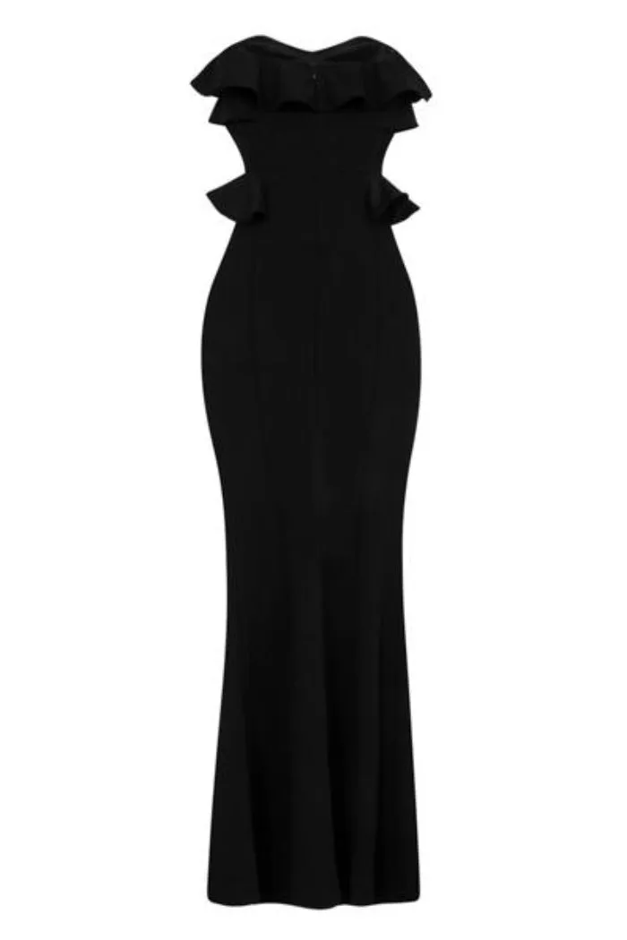 Paloma Black Strapless Frill Ruffle Bodycon Slinky Mermaid Maxi Dress