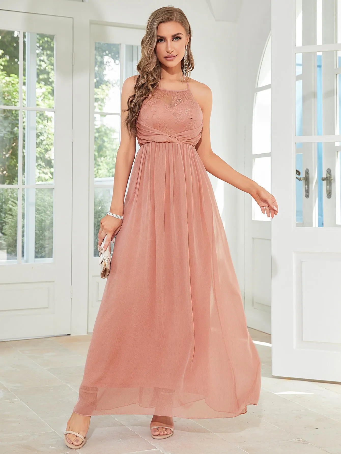 Pink Contrast Lace Tie Back Party Dress