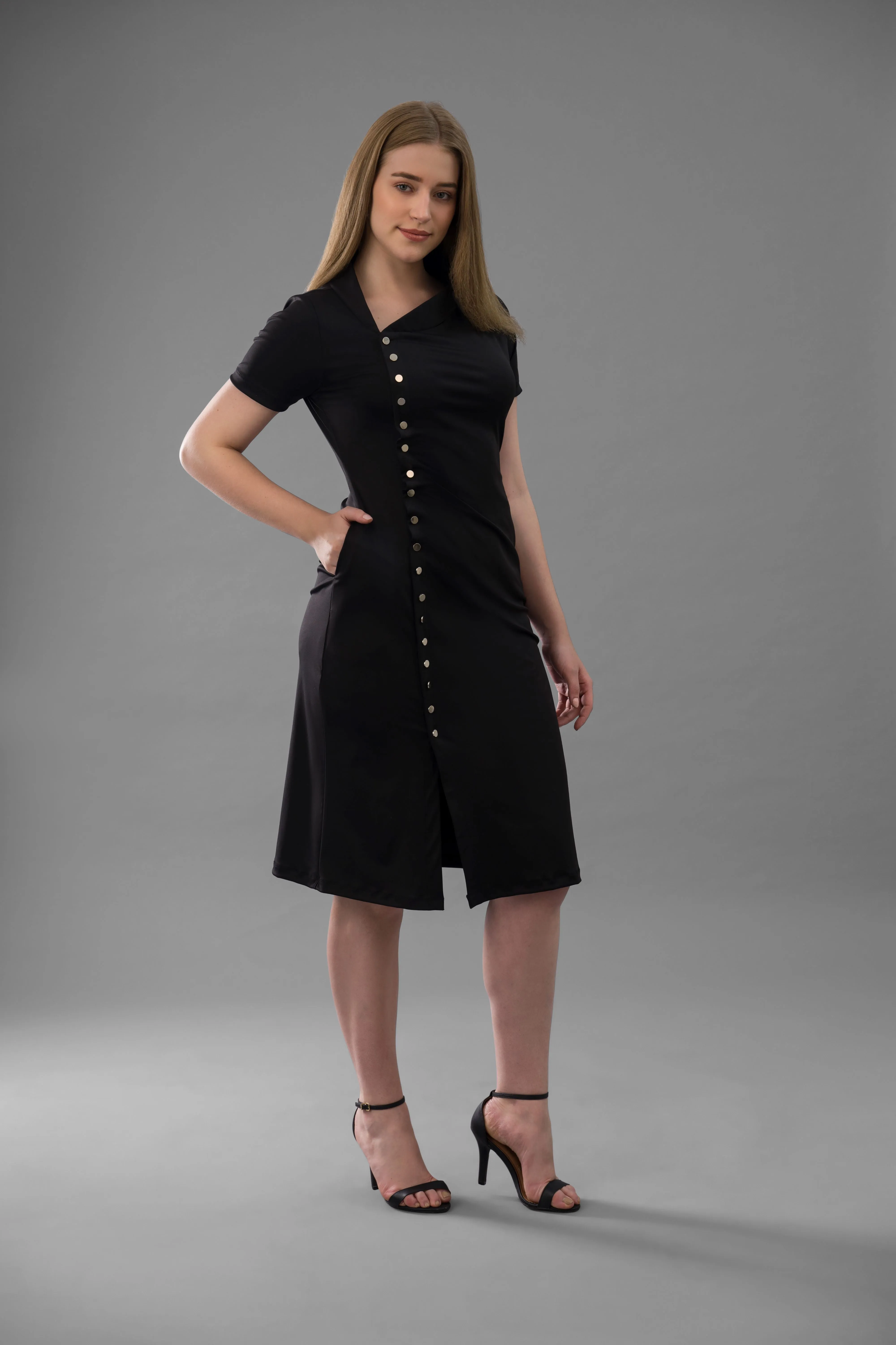 Pinnacle Stand Collar Detail Stretch Dress