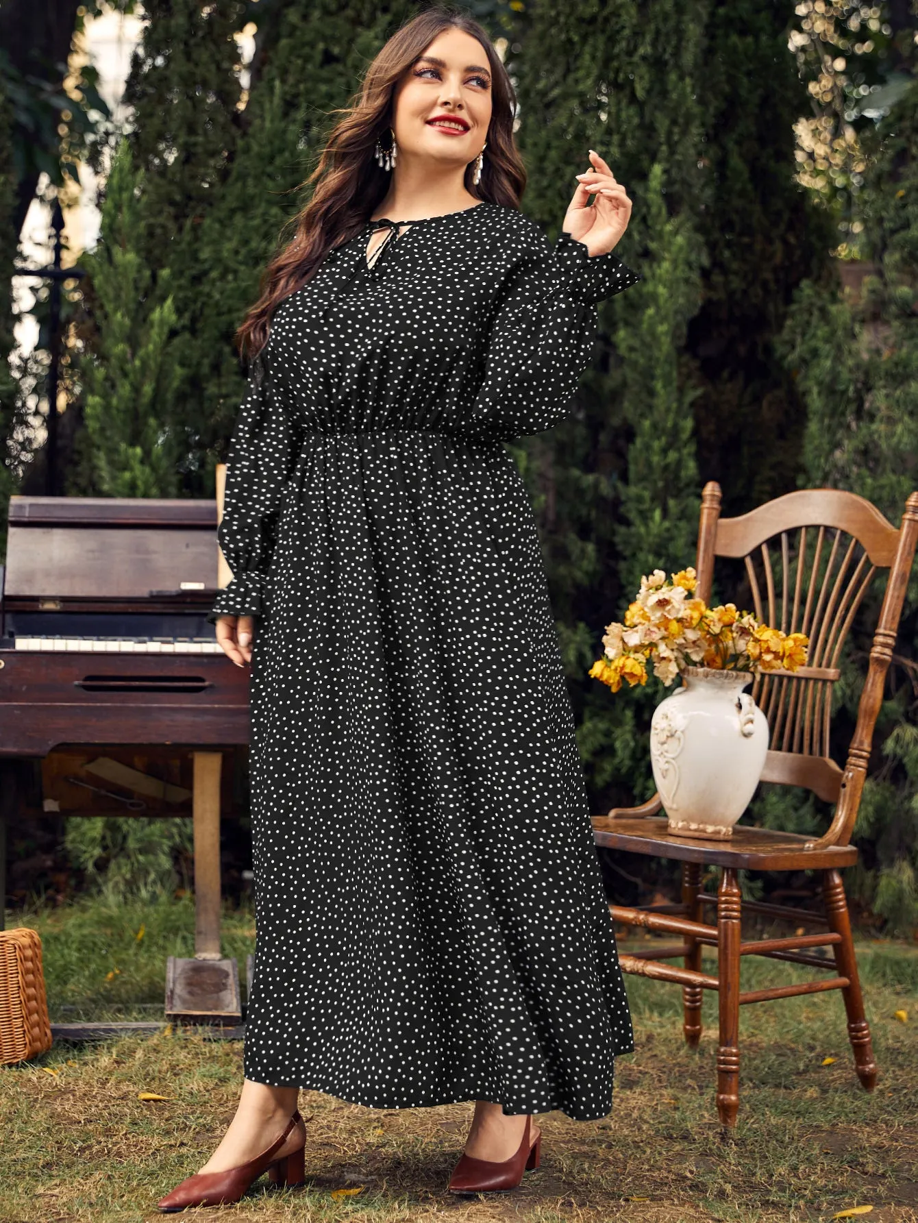 Plus Size Polka-Dot Long Sleeve Dress