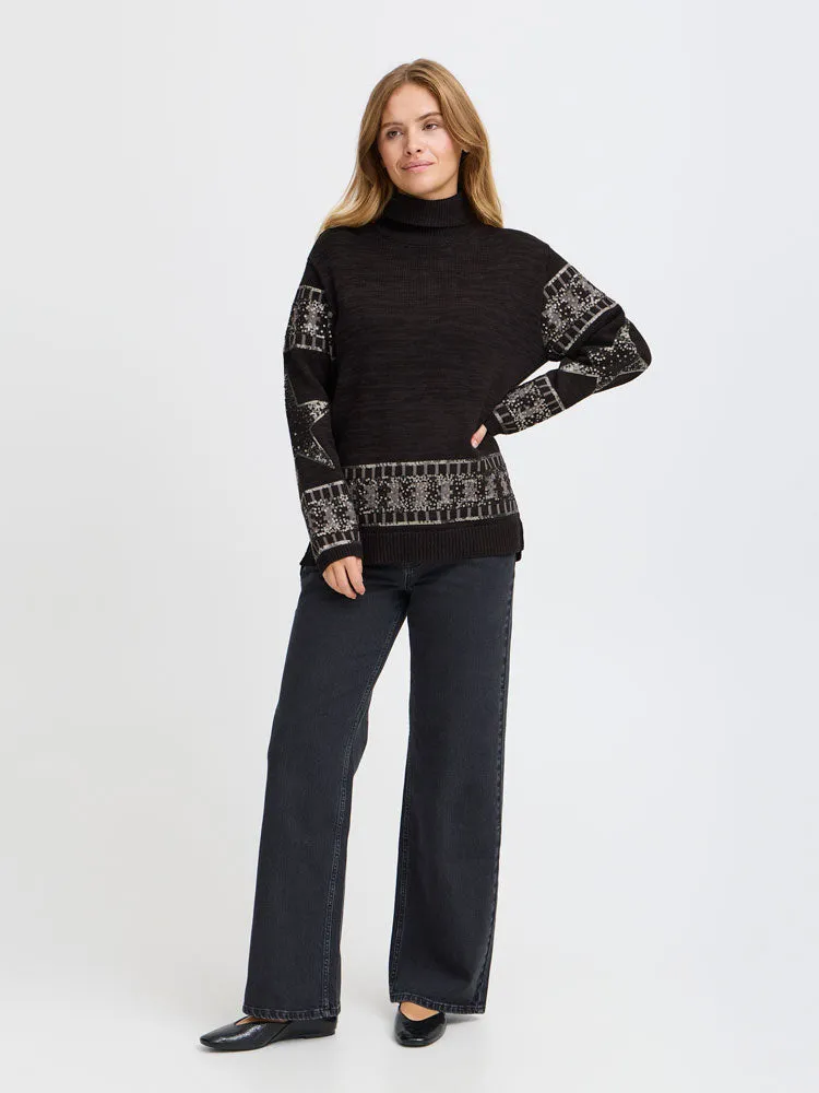 Pulz PzTanja Paillette Turtleneck Jumper Black Beauty