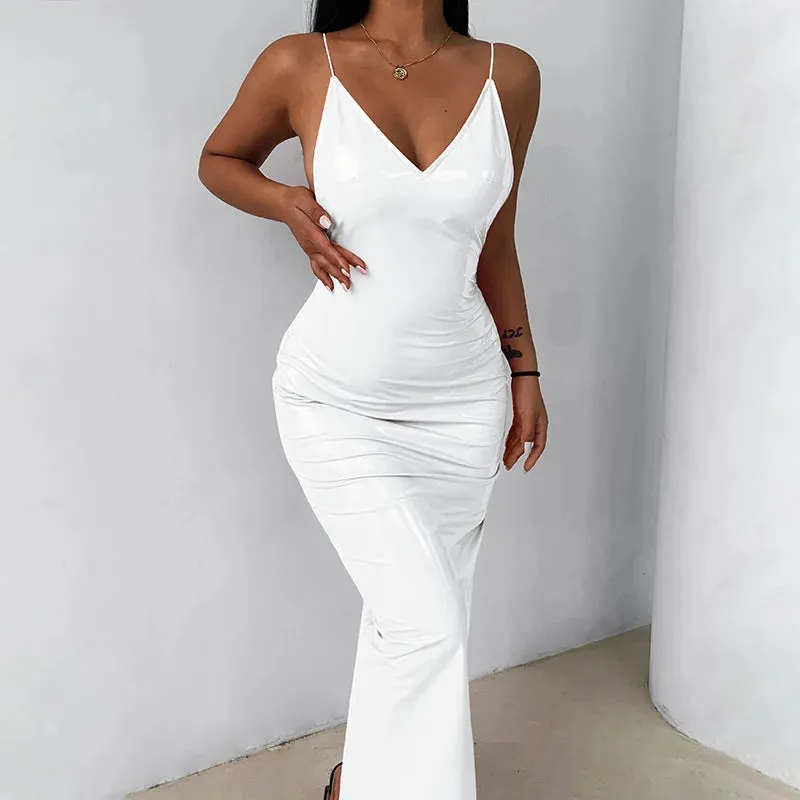 PVC Spaghetti Strap Backless Maxi Dress