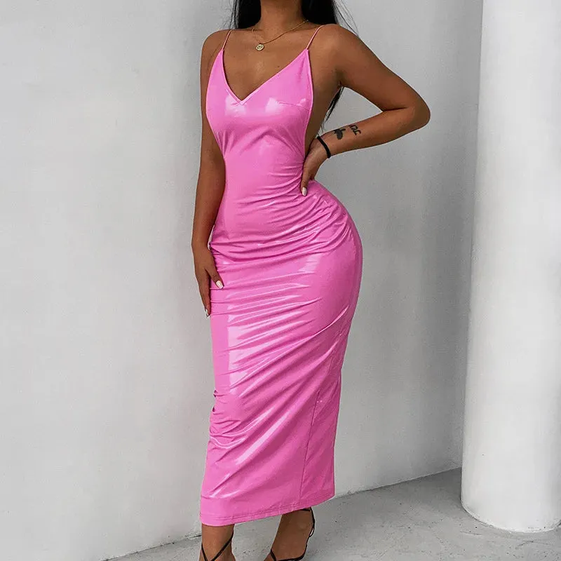 PVC Spaghetti Strap Backless Maxi Dress