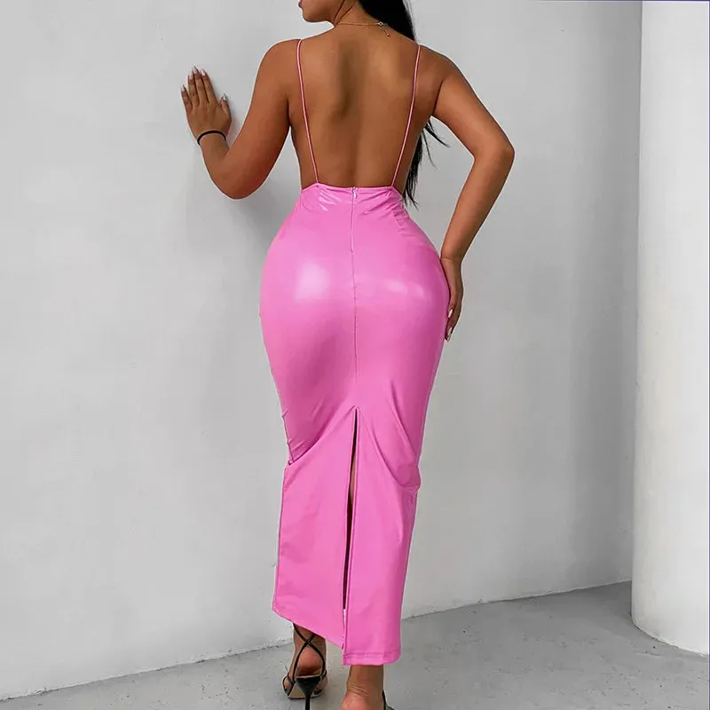 PVC Spaghetti Strap Backless Maxi Dress