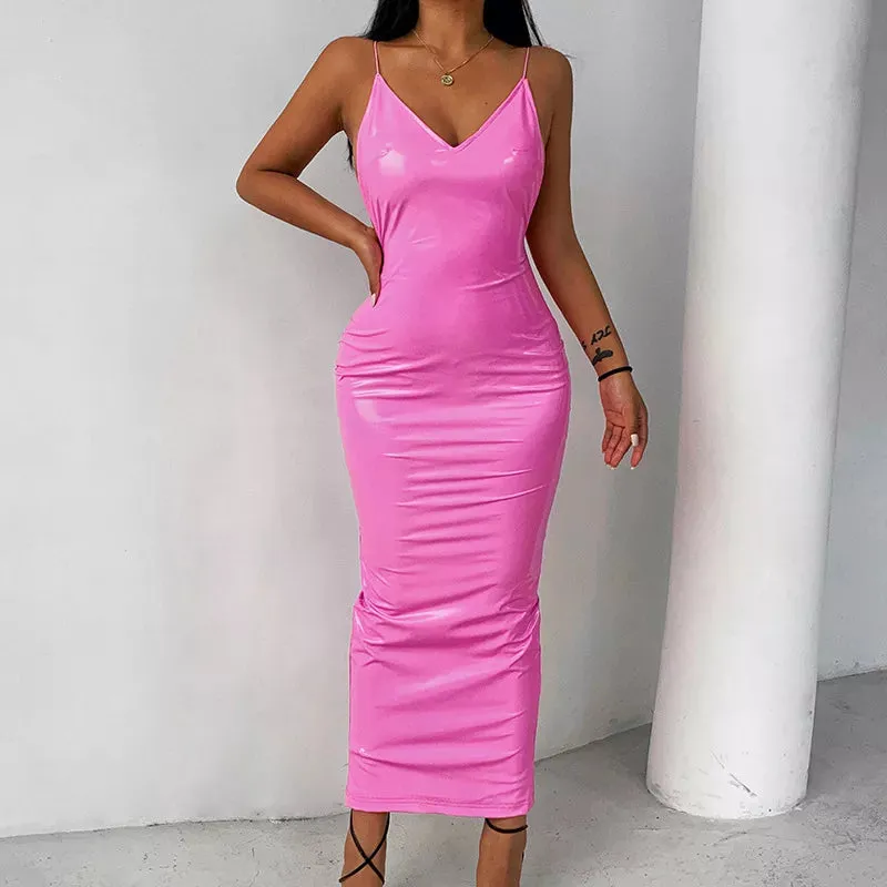 PVC Spaghetti Strap Backless Maxi Dress