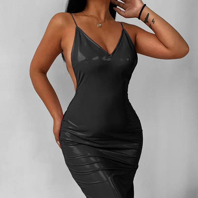 PVC Spaghetti Strap Backless Maxi Dress