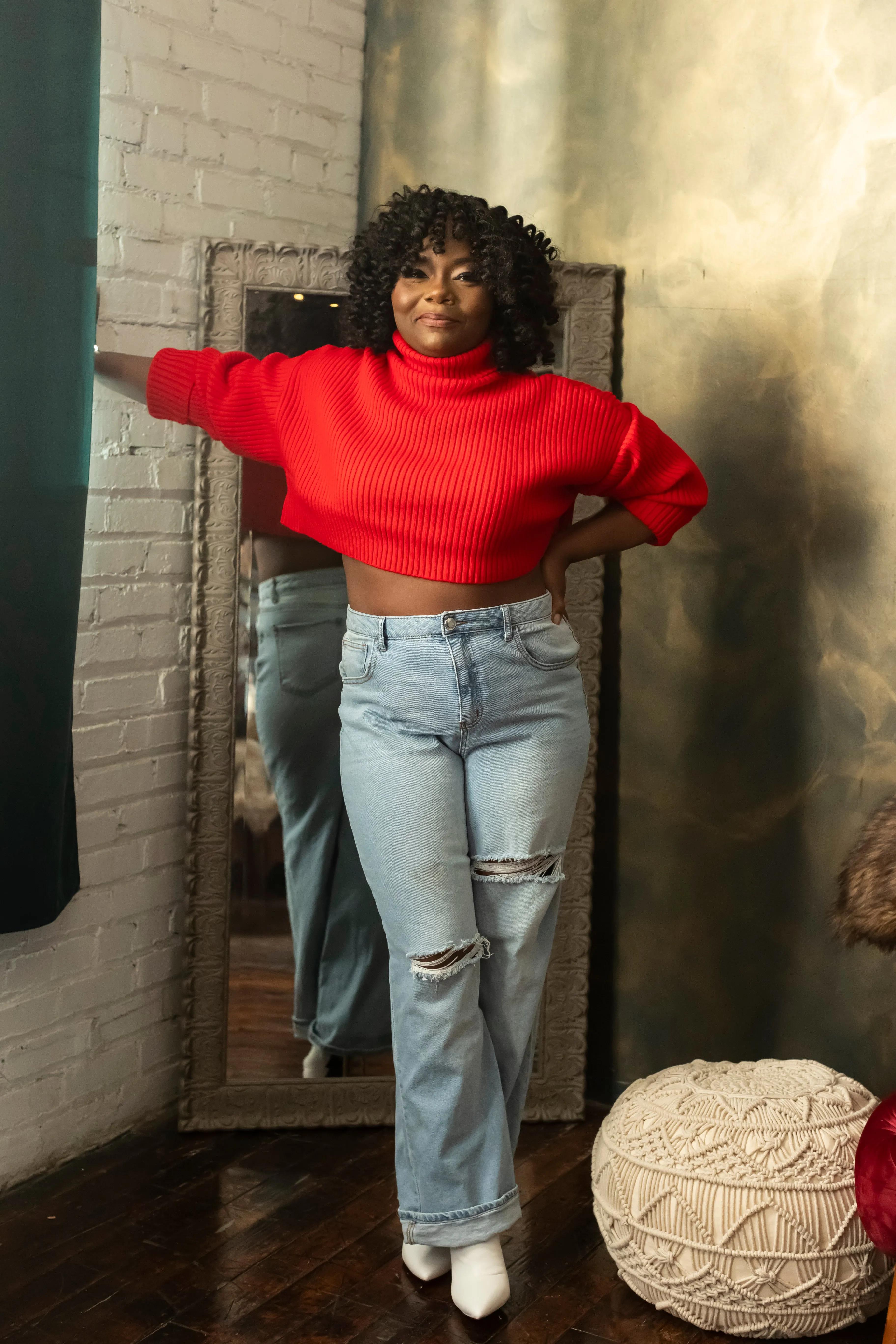 Red Long Sleeve Cropped Sweater