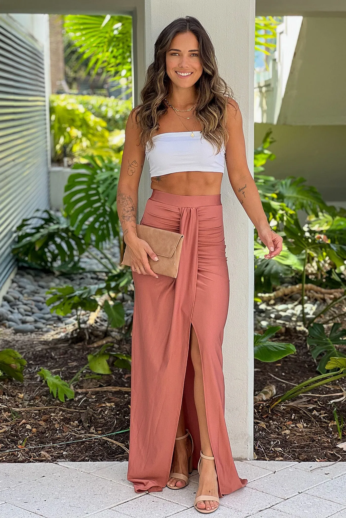 Rose Gold Maxi Skirt With Slit