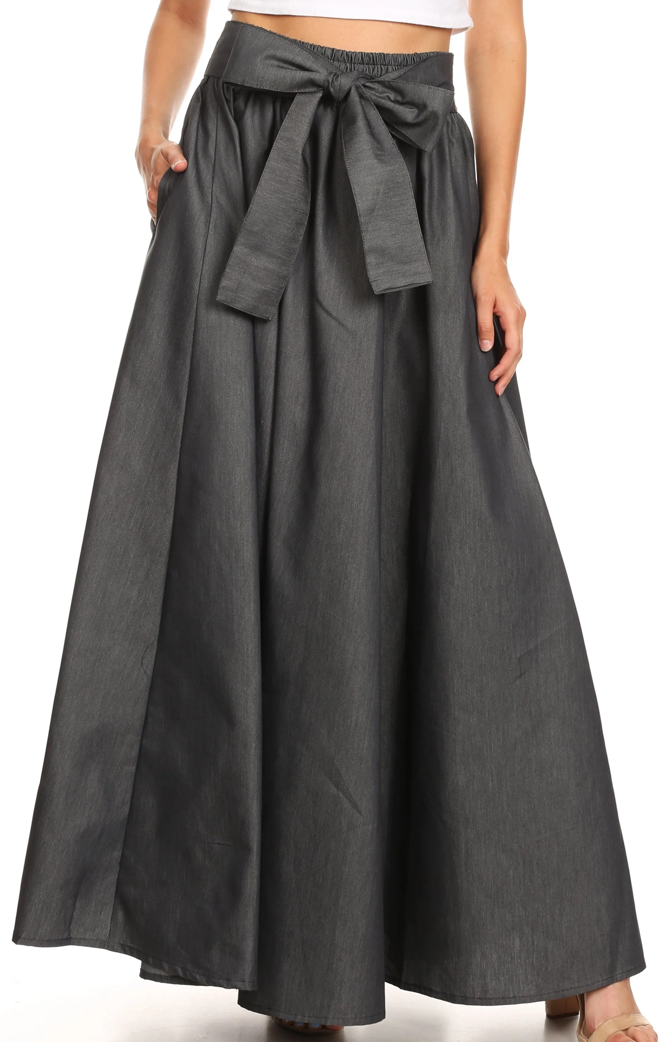 Sakkas Adisa Long Maxi Chambray Boho Casual Skirt with Elastic Waist