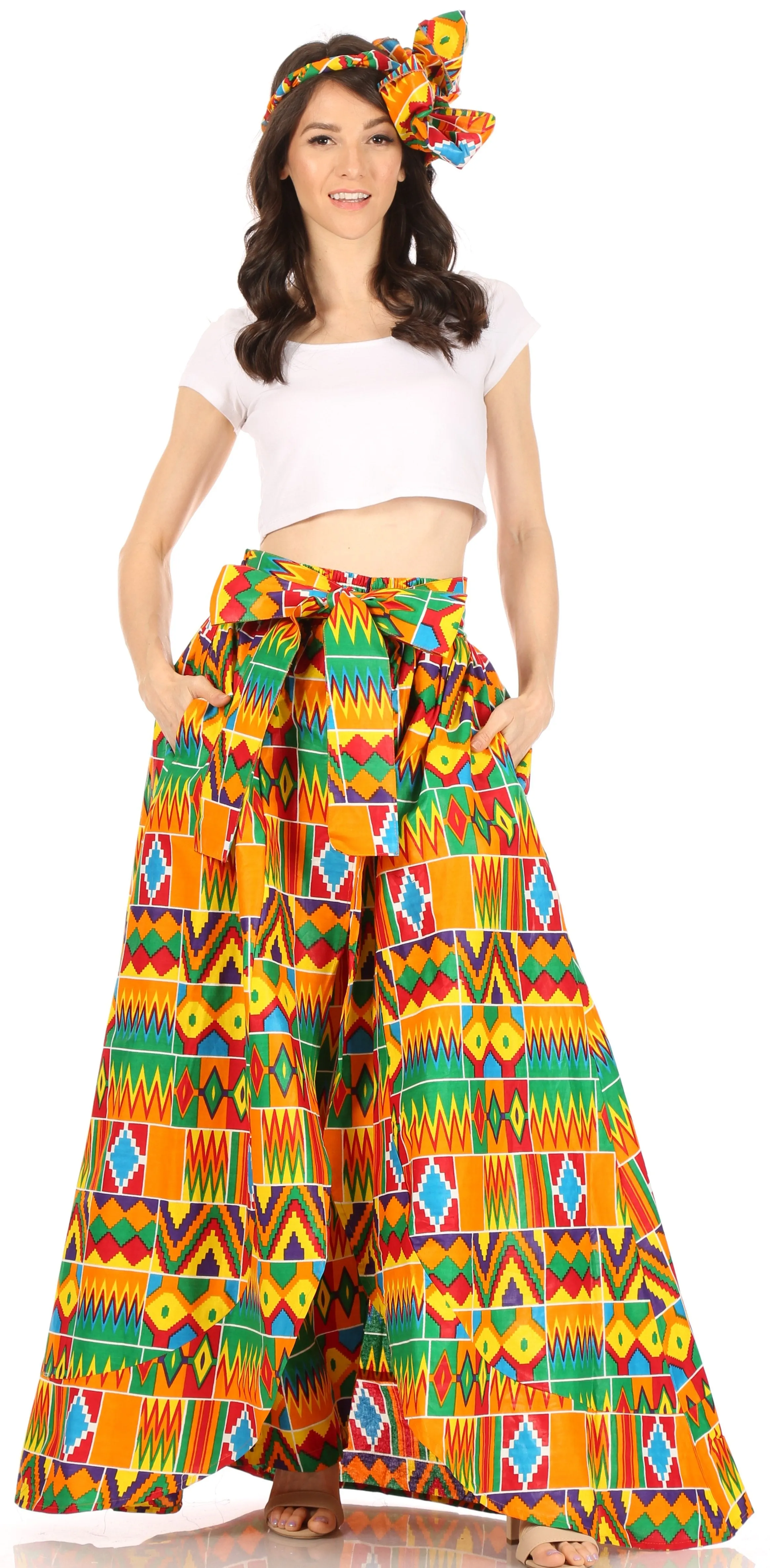 Sakkas Lanna Women's African Ankara Print Ankle Pants w/Pockets & Overlay Pull-up