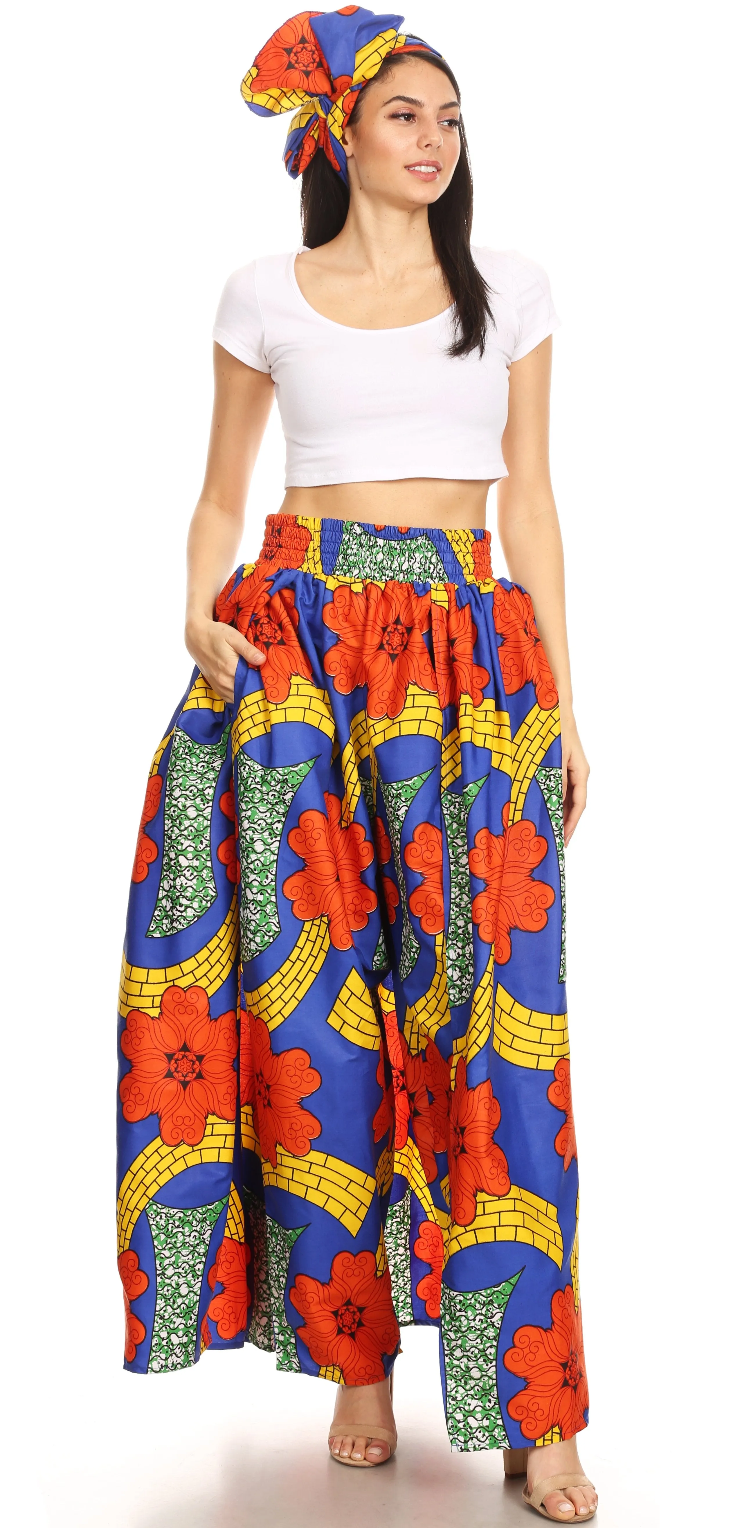 Sakkas Lanna Women's African Ankara Print Ankle Pants w/Pockets & Overlay Pull-up