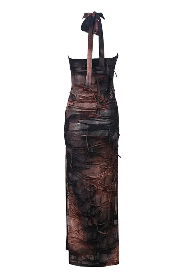 Sexy Tie Dye Printed Distressed Fringe Split Bodycon Halter Maxi Dress