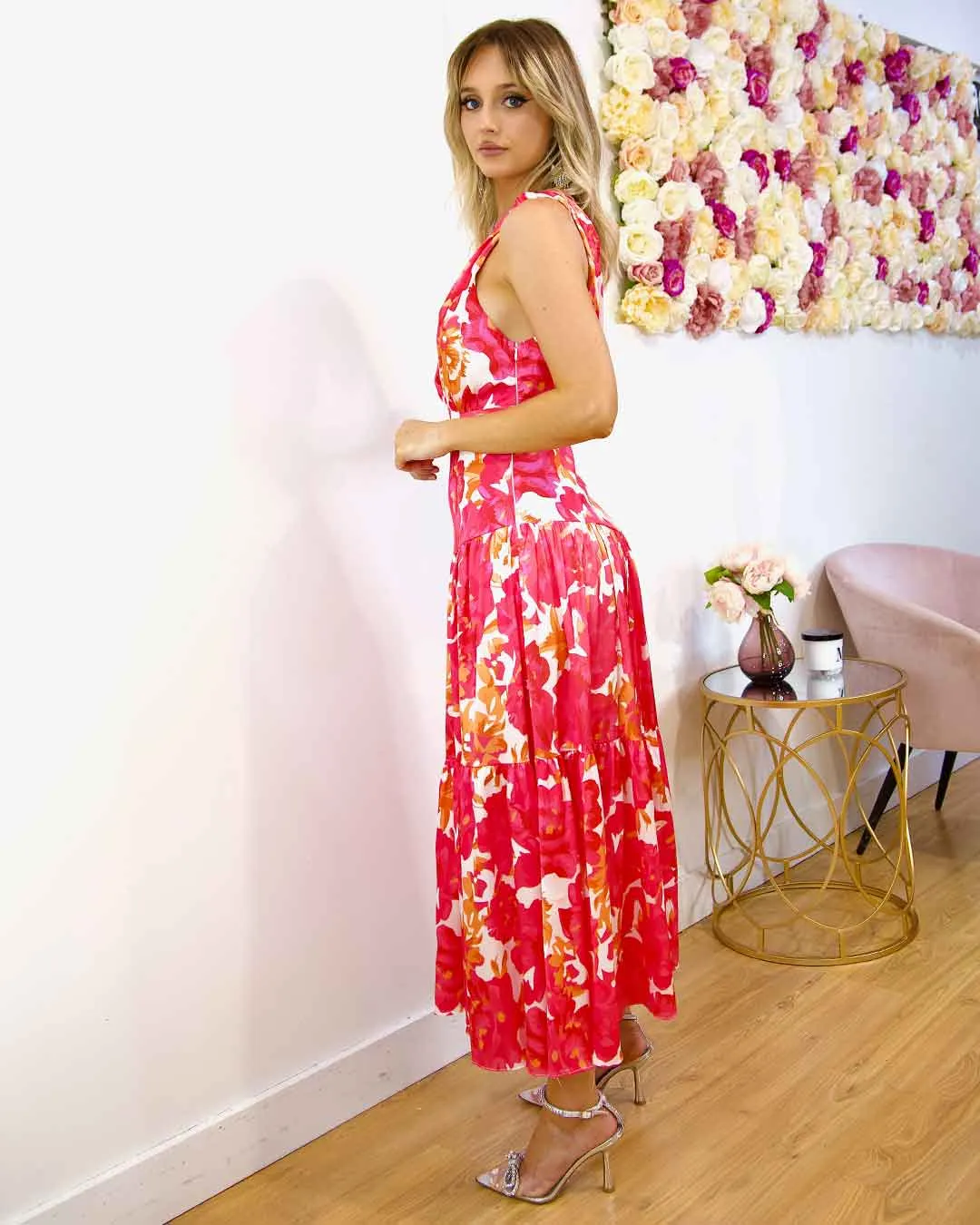 Siena Floral Satin Maxi Dress - Pink