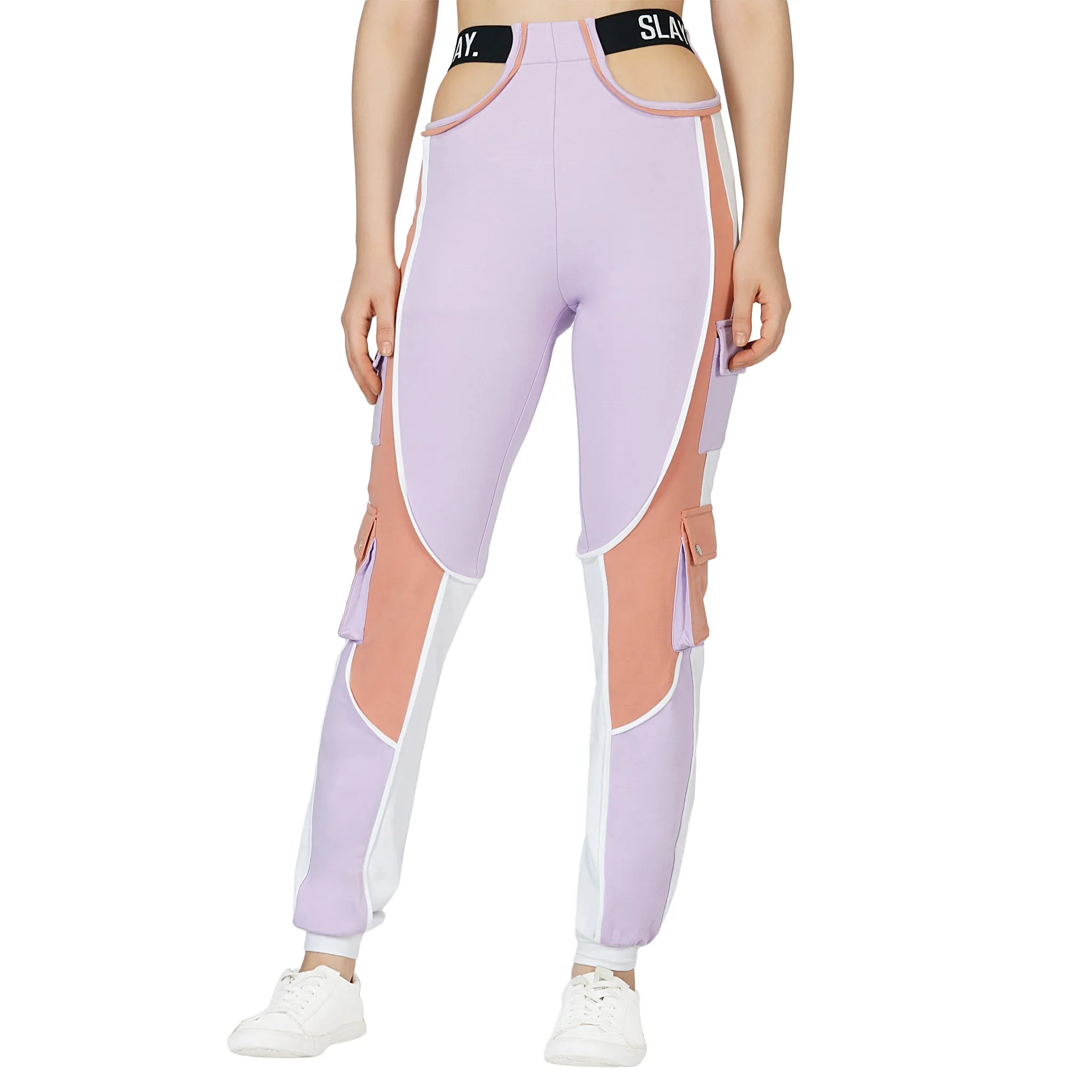 SLAY. Women's Activewear Lavender Lilac Nude White Colorblock Cargo Jogger Pants Streetwear