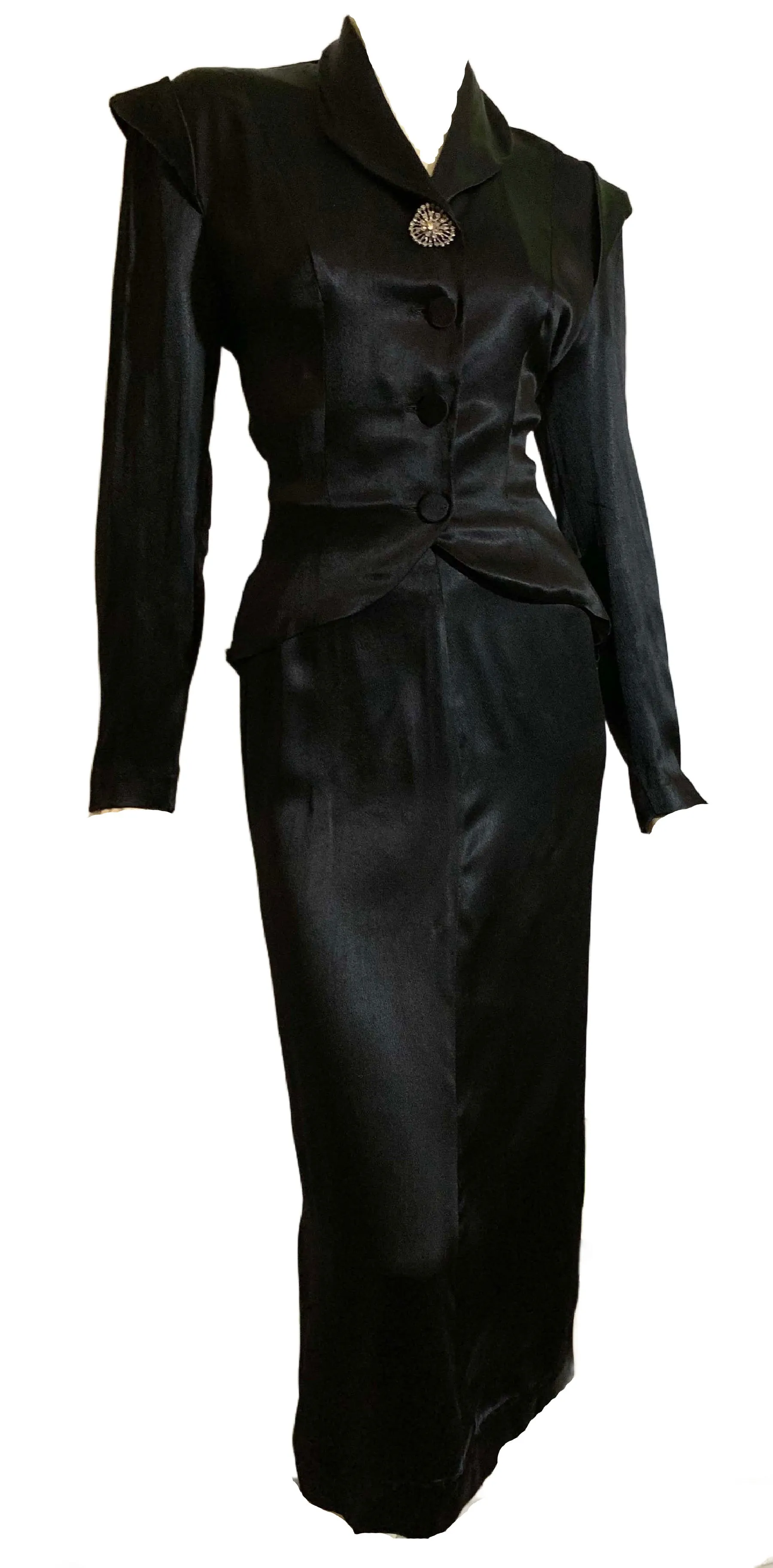 Sleek Black Silk Charmeuse 2 Pc Cocktail Suit with Bustled Drape Back circa 1940s