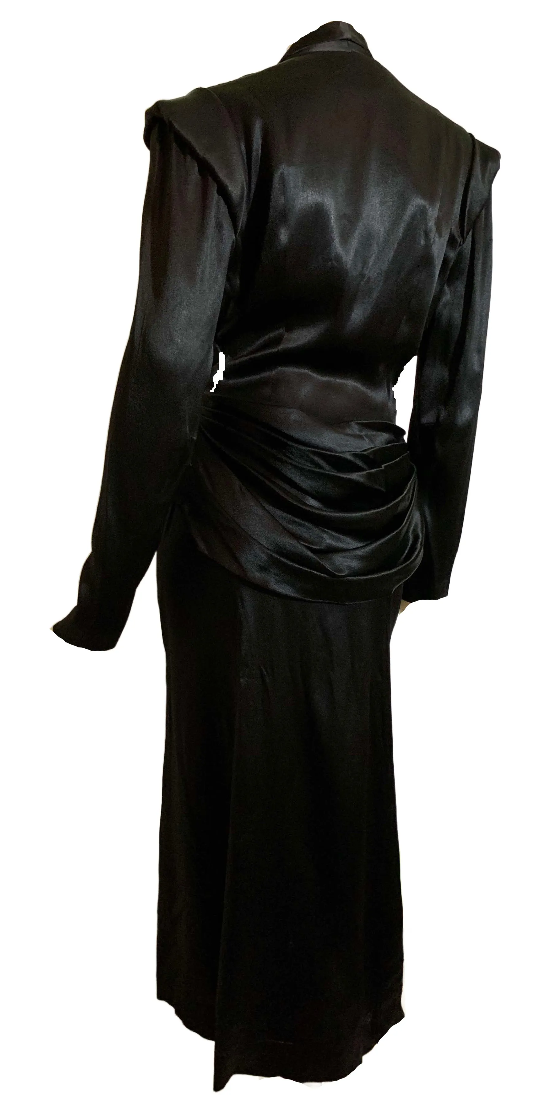 Sleek Black Silk Charmeuse 2 Pc Cocktail Suit with Bustled Drape Back circa 1940s