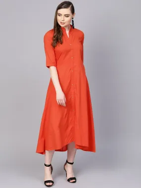 Solid Orange Maxi Dress With Madarin Collar & 3/4 Sleeves