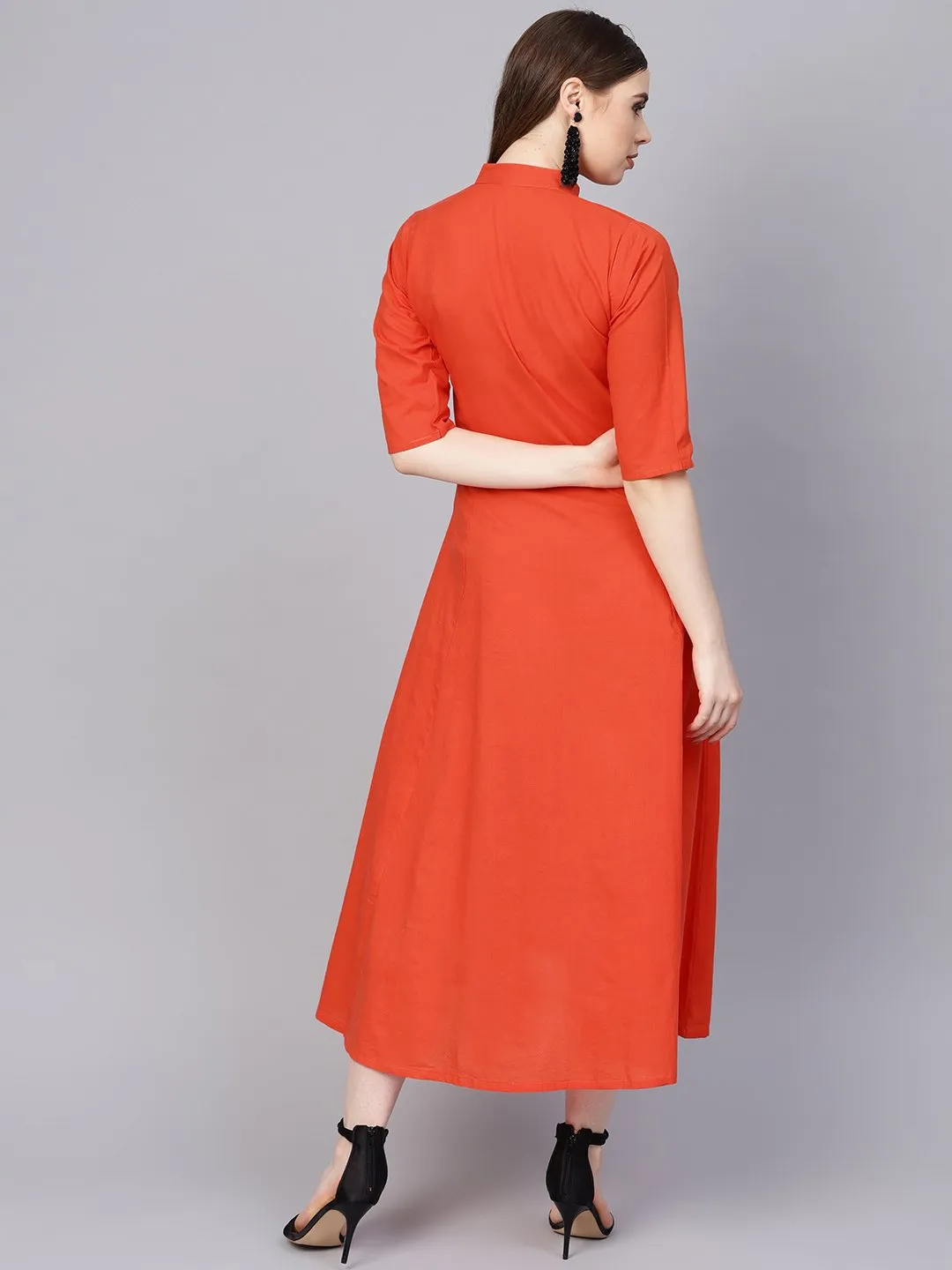 Solid Orange Maxi Dress With Madarin Collar & 3/4 Sleeves