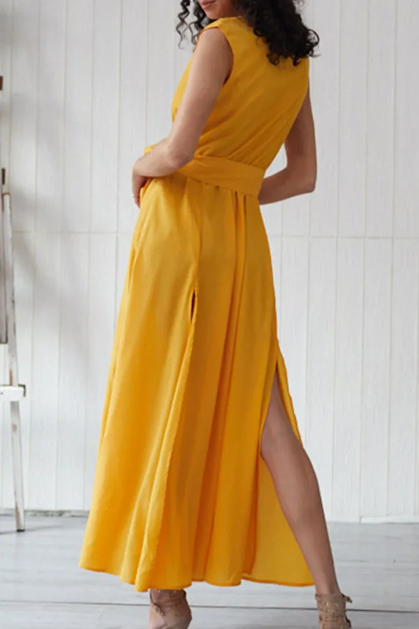 Solid V-neck Lace-up Slit Maxi Dress