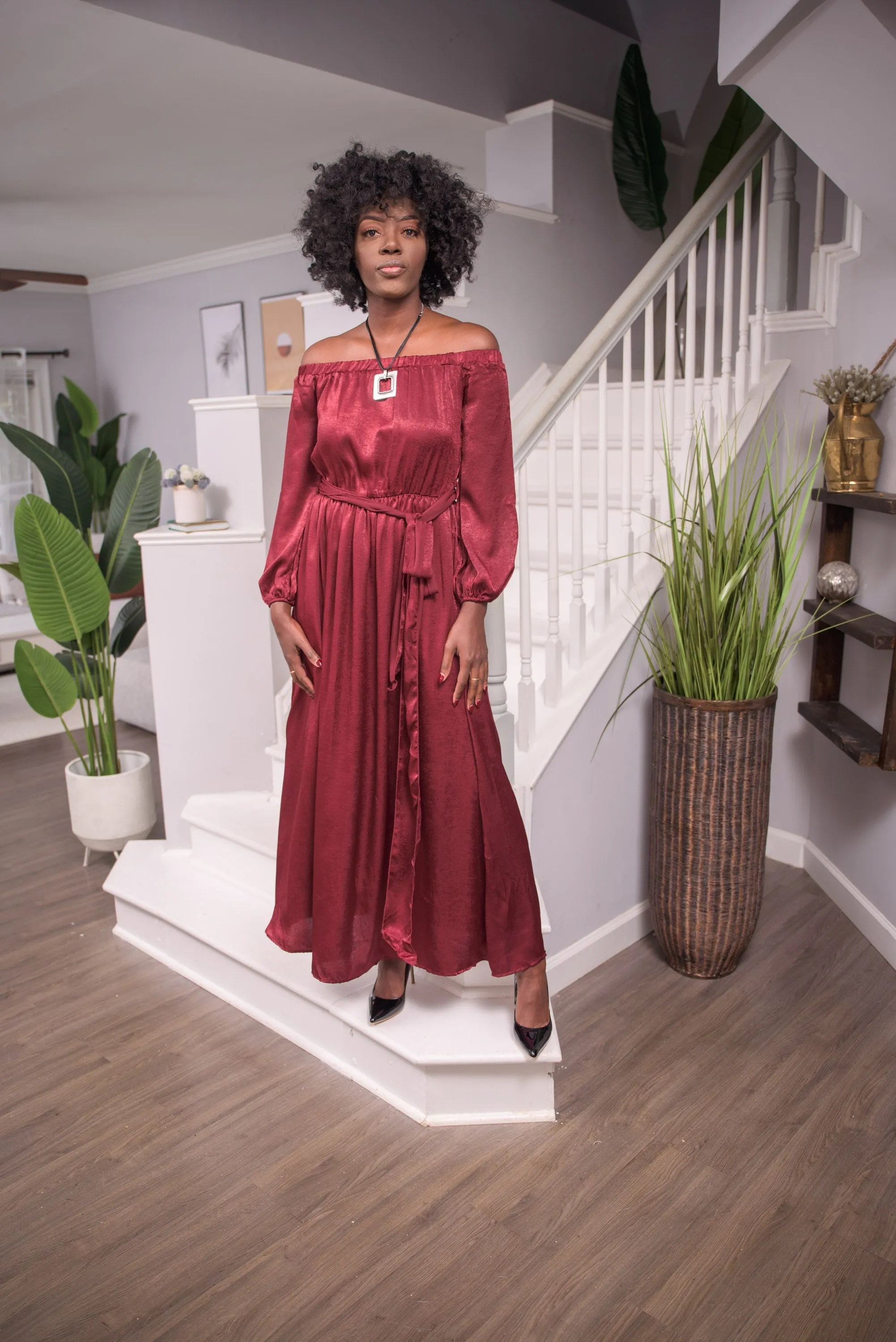 Spiced Wine Off Shoulder Maxi Dress