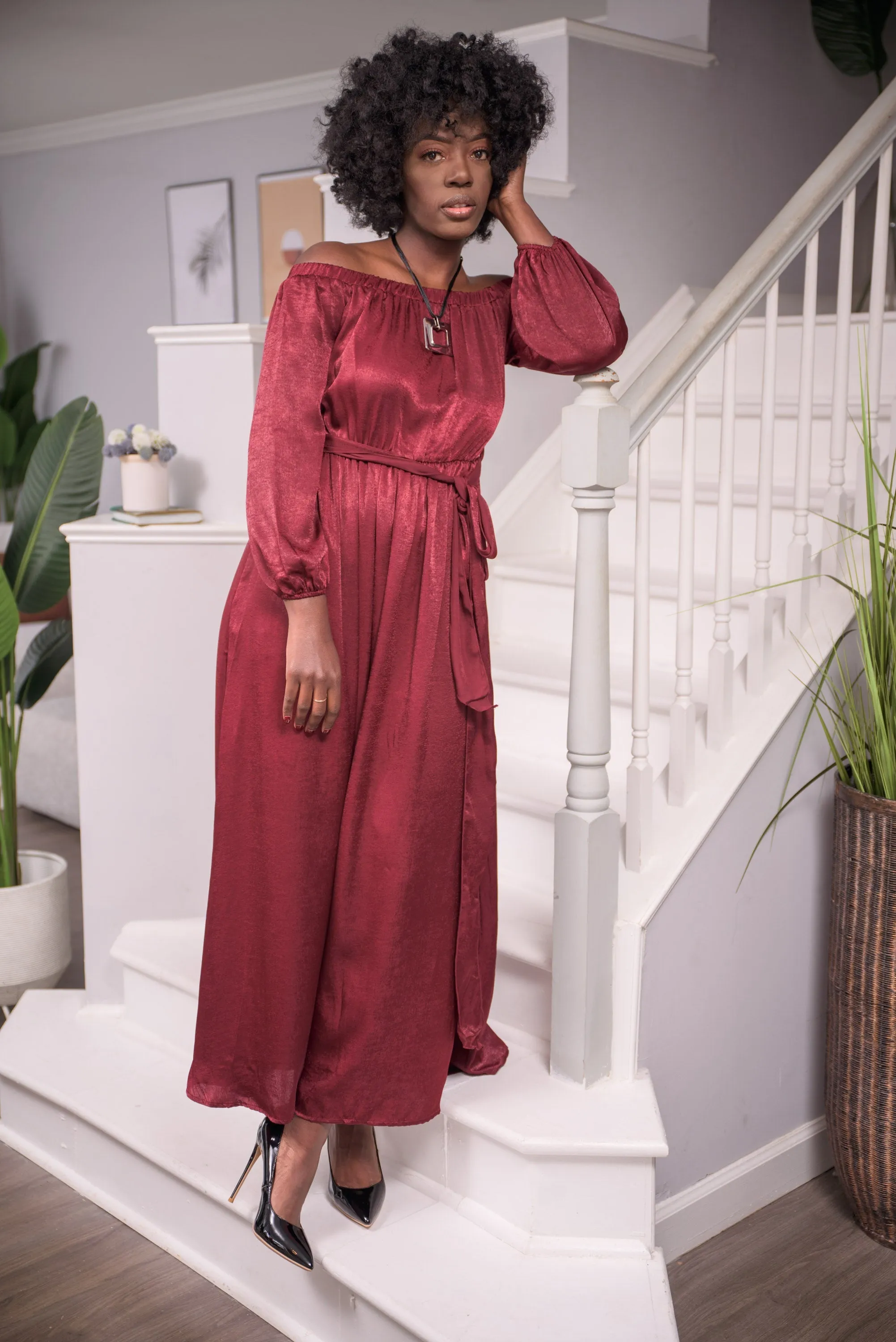 Spiced Wine Off Shoulder Maxi Dress