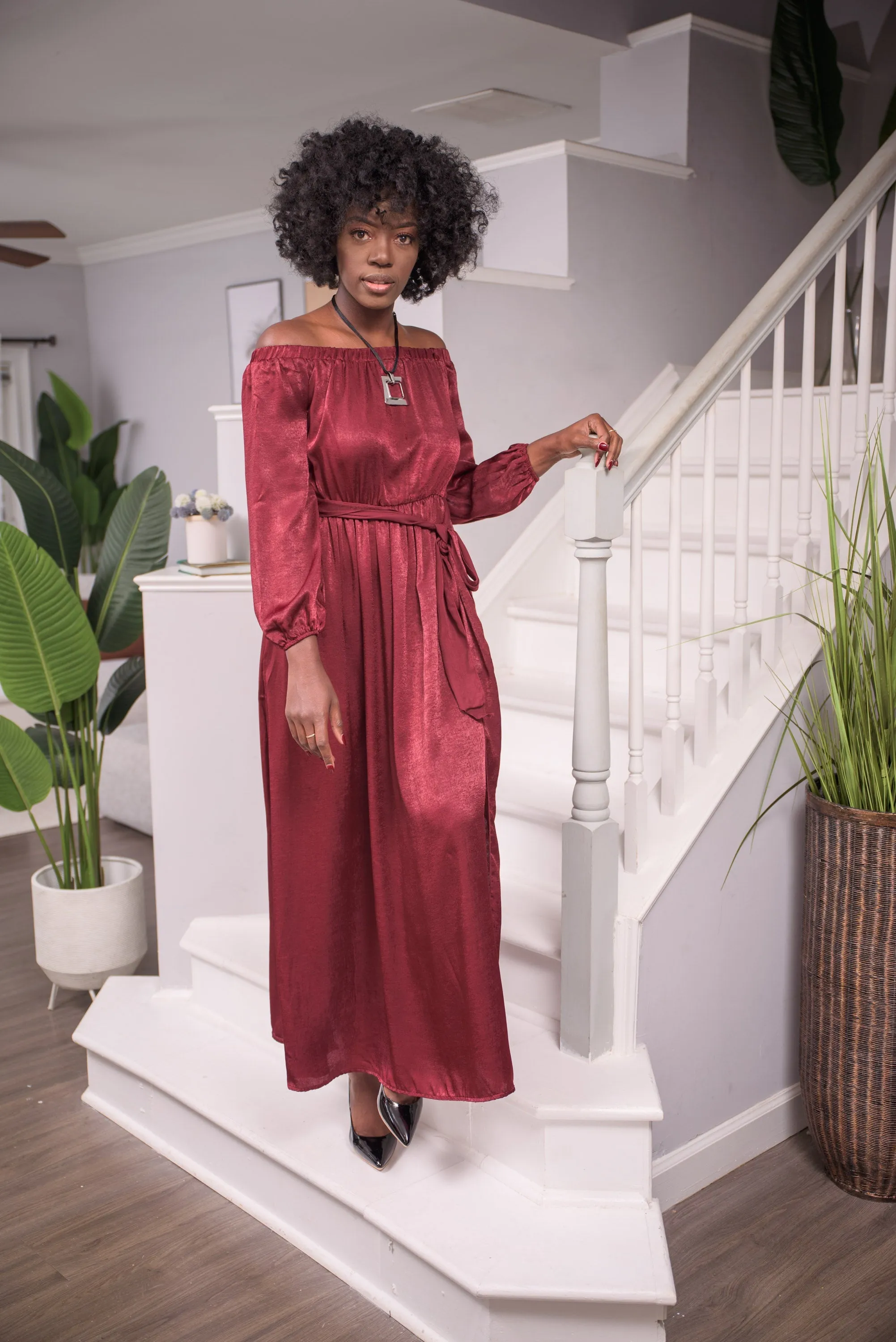 Spiced Wine Off Shoulder Maxi Dress