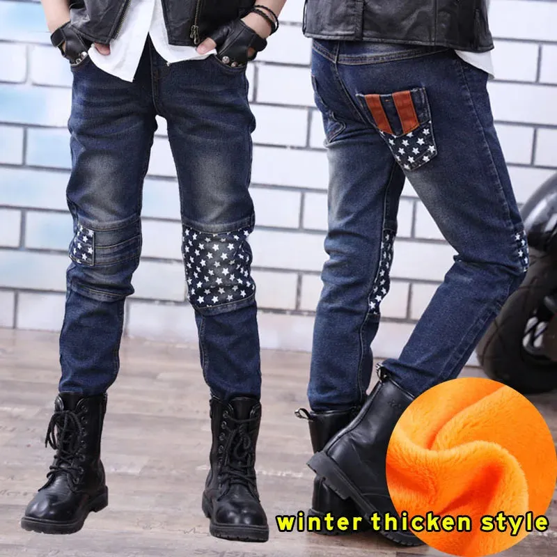 Spring Autumn Children Jean Pants Teen Boys Denim Trousers Casual Letter Cotton Pencil Pants Leggings Boy Dark Jeans