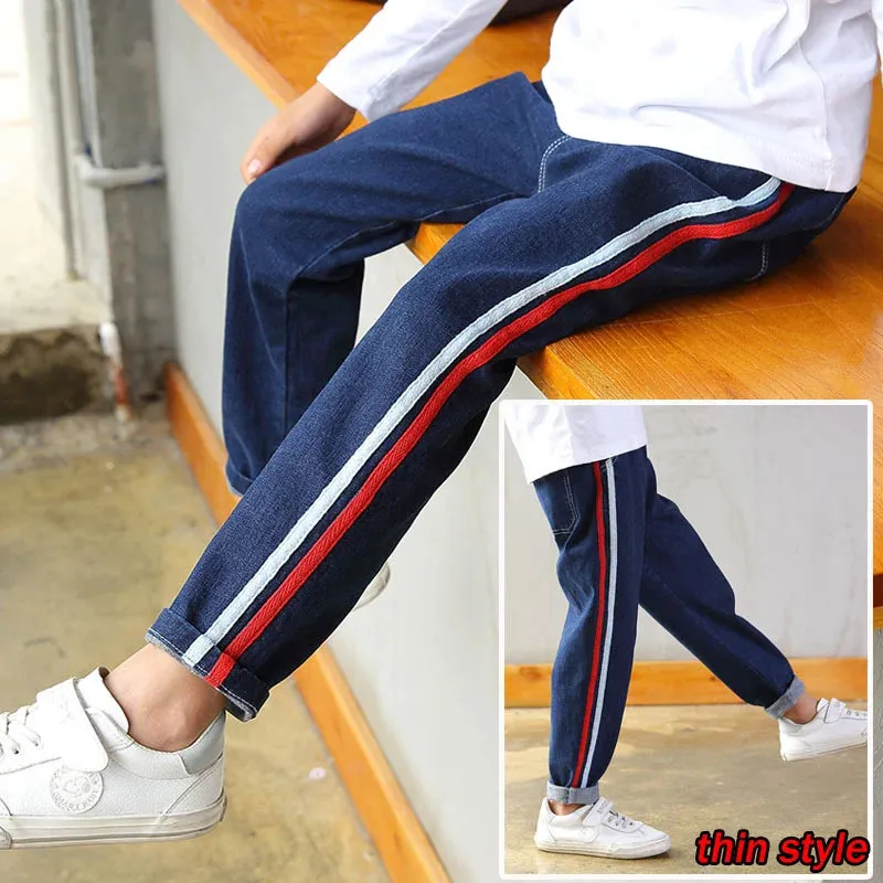 Spring Autumn Children Jean Pants Teen Boys Denim Trousers Casual Letter Cotton Pencil Pants Leggings Boy Dark Jeans