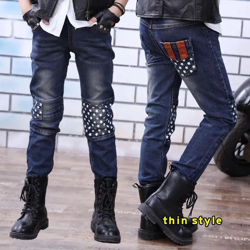 Spring Autumn Children Jean Pants Teen Boys Denim Trousers Casual Letter Cotton Pencil Pants Leggings Boy Dark Jeans