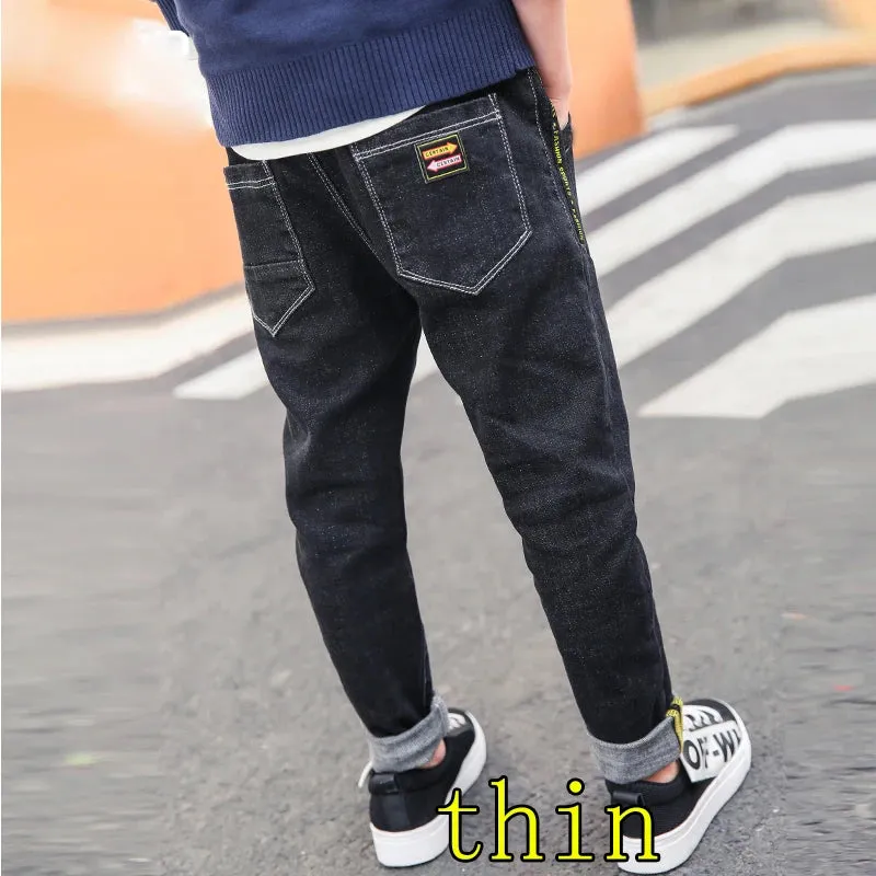 Spring Autumn Children Jean Pants Teen Boys Denim Trousers Casual Letter Cotton Pencil Pants Leggings Boy Dark Jeans