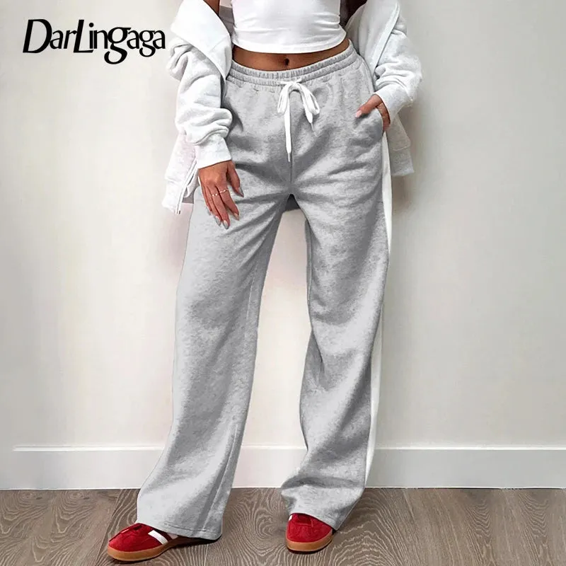 Streetwear Stripe Spliced Autumn Sweatpants Women Trousers Sporty Casual Elastic Waist Homewear Pants Straight Bottom