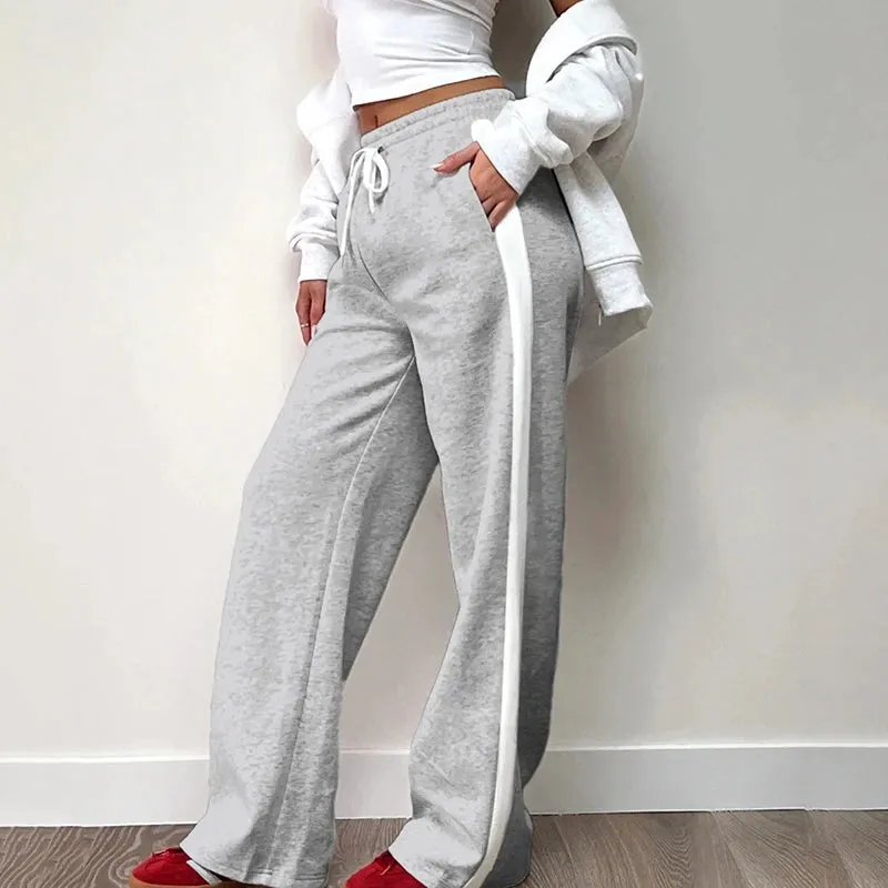 Streetwear Stripe Spliced Autumn Sweatpants Women Trousers Sporty Casual Elastic Waist Homewear Pants Straight Bottom