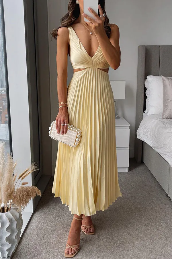 Summer Social Stain Pleated Cutout Waist Loose Midi Dress