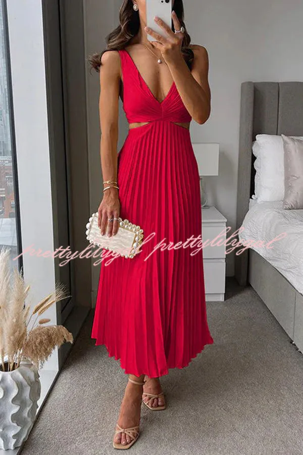 Summer Social Stain Pleated Cutout Waist Loose Midi Dress